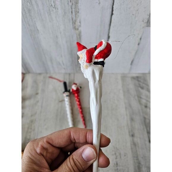 Vintage icicle pencil Santa snowman ornament set Xmas tree - Picture 2 of 11
